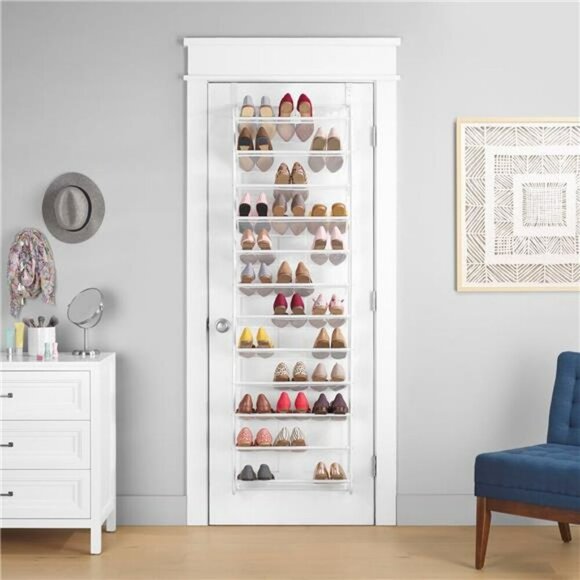 Over the Door Shoe Organizer Hanging Rack Holds 36 Pairs Metal Mesh White - Picture 4 of 7